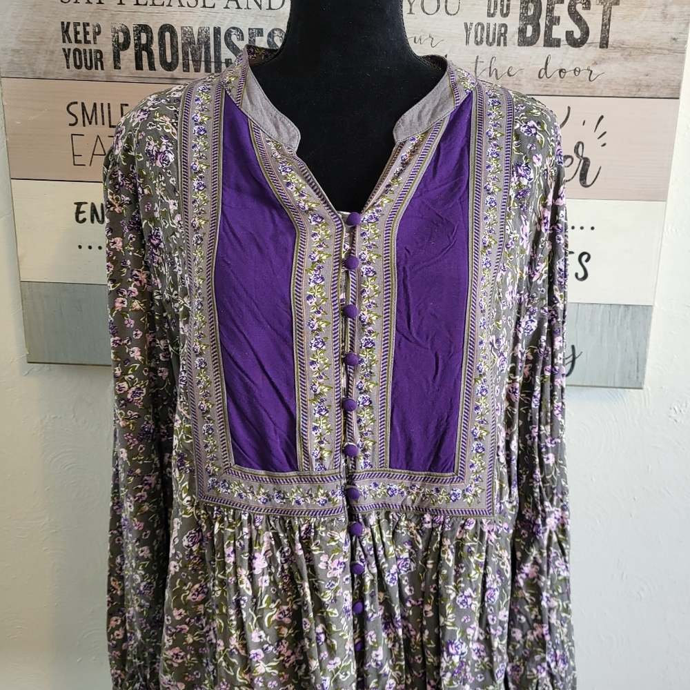 Dress/Tunic long slv Women within size 22/24 1X button Front floral, Vtg